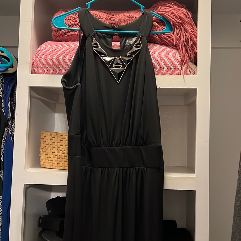 NWT Luxology Long Jumper with black and gold attached necklace.